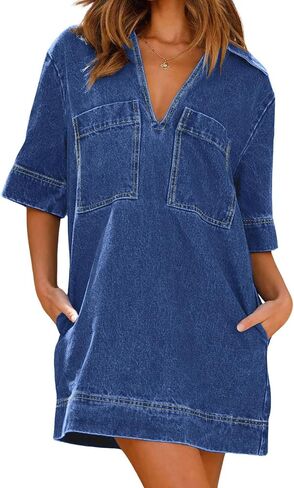 CHARTOU Women Loose Denim Dress Short Sleeve Casual Summer Dress Turn Down Pullover Vintage Tunic Jean Dress in Saudi Arabia