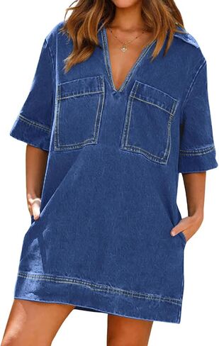 CHARTOU Women Loose Denim Dress Short Sleeve Casual Summer Dress Turn Down Pullover Vintage Tunic Jean Dress in Saudi Arabia