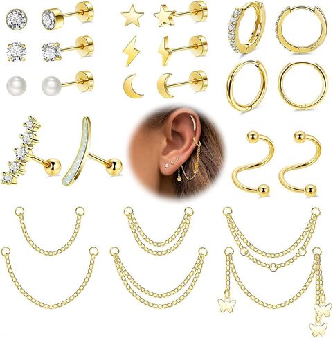 REVOLIA 316L Stainless Steel Cartilage Earrings Set Huggie Hoop Earrings Pearl Flat Back Earrings for Women Cartilage Helix Earrings with Chain Dangle Conch Tragus Piercing Jewelry Set in Saudi Arabia