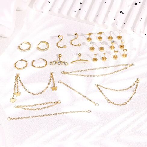 REVOLIA 316L Stainless Steel Cartilage Earrings Set Huggie Hoop Earrings Pearl Flat Back Earrings for Women Cartilage Helix Earrings with Chain Dangle Conch Tragus Piercing Jewelry Set in Saudi Arabia