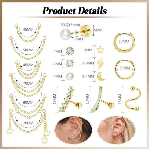REVOLIA 316L Stainless Steel Cartilage Earrings Set Huggie Hoop Earrings Pearl Flat Back Earrings for Women Cartilage Helix Earrings with Chain Dangle Conch Tragus Piercing Jewelry Set in Saudi Arabia
