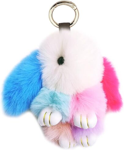 jtkdxqs Soft Cute Bunny Keychain Artificial Rainbow Rabbit Fur Plush Fluffy Pom pom Key Ring for Women in Saudi Arabia
