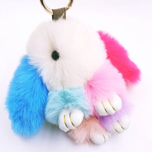 jtkdxqs Soft Cute Bunny Keychain Artificial Rainbow Rabbit Fur Plush Fluffy Pom pom Key Ring for Women in Saudi Arabia