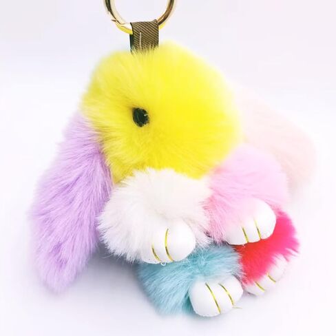 jtkdxqs Soft Cute Bunny Keychain Artificial Rainbow Rabbit Fur Plush Fluffy Pom pom Key Ring for Women in Saudi Arabia