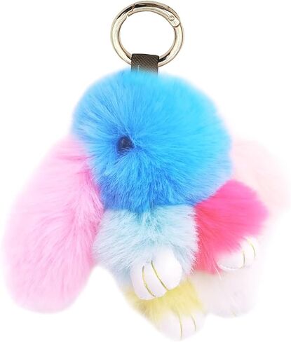 jtkdxqs Soft Cute Bunny Keychain Artificial Rainbow Rabbit Fur Plush Fluffy Pom pom Key Ring for Women in Saudi Arabia