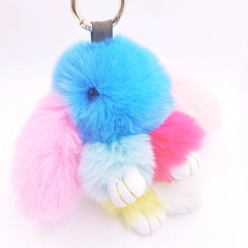 jtkdxqs Soft Cute Bunny Keychain Artificial Rainbow Rabbit Fur Plush Fluffy Pom pom Key Ring for Women in Saudi Arabia