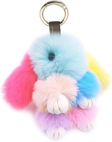 jtkdxqs Soft Cute Bunny Keychain Artificial Rainbow Rabbit Fur Plush Fluffy Pom pom Key Ring for Women in Saudi Arabia