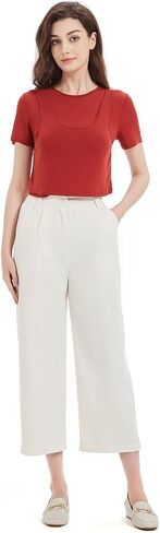 Womens High Waisted Elastic Capri Pants Wide Leg Lounge Cropped Pants with Pockets in Saudi Arabia