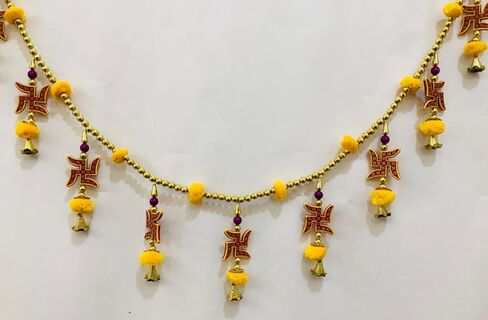 Diwali Dhanteras Handmade Wall Hanging Home Bandarwal for Main Door-Wedding-Inauguration Parties Toran Traditional Multicolor Kachachi Embroidery Subh-Labh Tassels Door, Yellow SWATIK Pack of 1 in Saudi Arabia