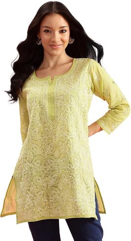 Ada Hand Embroidered Indian Chikankari Cotton Blend Tunic Short Kurti Top for Women A911280 in Kuwait