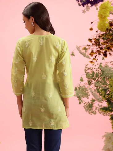 Ada Hand Embroidered Indian Chikankari Cotton Blend Tunic Short Kurti Top for Women A911280 in Kuwait
