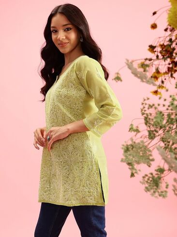 Ada Hand Embroidered Indian Chikankari Cotton Blend Tunic Short Kurti Top for Women A911280 in Kuwait