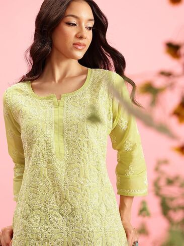 Ada Hand Embroidered Indian Chikankari Cotton Blend Tunic Short Kurti Top for Women A911280 in Kuwait