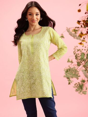Ada Hand Embroidered Indian Chikankari Cotton Blend Tunic Short Kurti Top for Women A911280 in Kuwait