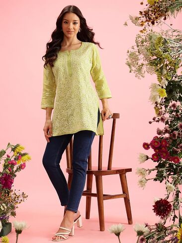 Ada Hand Embroidered Indian Chikankari Cotton Blend Tunic Short Kurti Top for Women A911280 in Kuwait