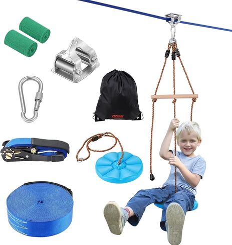 طقم Zipline للأطفال والكبار، أطقم خط سحاب بطول 60 قدمًا يصل إلى 500 رطل، خط Zipline سريع الإعداد في الفناء الخلفي، ترفيه في الملعب مع Zipline من الفولاذ المقاوم للصدأ، فرامل زنبركية، حزام أمان، مقعد in Kuwait