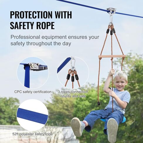 طقم Zipline للأطفال والكبار، أطقم خط سحاب بطول 60 قدمًا يصل إلى 500 رطل، خط Zipline سريع الإعداد في الفناء الخلفي، ترفيه في الملعب مع Zipline من الفولاذ المقاوم للصدأ، فرامل زنبركية، حزام أمان، مقعد in Kuwait