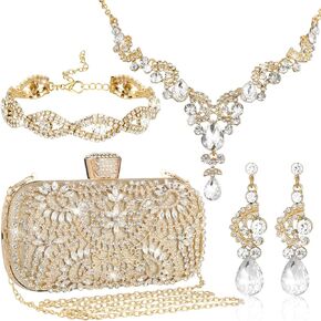 Quelay ​​​​4 Pcs Rhinestone Clutch Bag for Women Bridal Clutch Crystal Bridal Wedding Handbag with Chain Glitter Necklace Bracelet Drop Dangle Earrings for Prom Party
