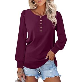 Minetom Women's Long Sleeve Henley Tops Smocked Puff Sleeve Tops Casual Shirts Blouses