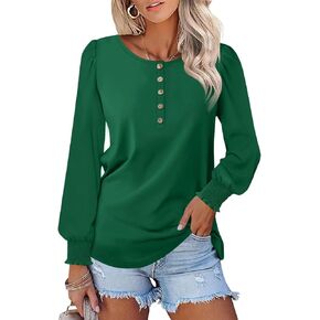 Minetom Women's Long Sleeve Henley Tops Smocked Puff Sleeve Tops Casual Shirts Blouses in Kuwait