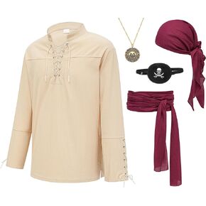 5 قطعة زي القراصنة الرجالي القرون الوسطى عصر النهضة الفايكنج قميص القراصنة باندانا وشاح حزام لصقة عين قلادة حفلة الهالوين in Kuwait