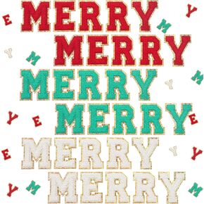 30 Pcs Self-Adhesive Merry Christmas Iron on Patches 2.1 Inch Sew on Chenille Letter Patches Glitter Pink Xmas Chenille Patches Embroidered Applique Patches for Crafts DIY Christmas Decor