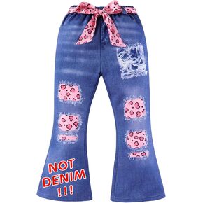 Girls Imitation Ripped Denim Print Flare Pants - Cute Leopard Graphic Pink Lace-Up Front Jeans Leggings Bell Bottom(Blue,150,1261Pb)
