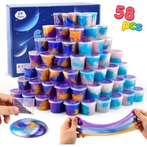 58 Pack Slime Party Favor Kit, Mini Bulk Galaxy Slime Stretchy, Non-Sticky, Christmas Slime for Girls and Boys, Stress Relief Putty Slime for Kids- Classroom Reward, Valentine's Day Party Supplies