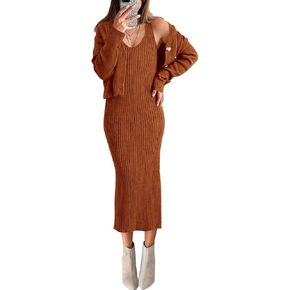 BTFBM Women Fall Knit Sweater Dress Set Bodycon Slit Midi Dresses Button Down Long Sleeve Cropped Cardigan 2 Piece Sets in Kuwait