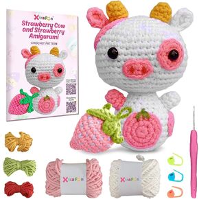 Crochet Kit for Beginners - Learn to Crochet Amigurumi Stuffed Animals Starter Kits Complete Step-by-Step Video Tutorials Knitting Yarn for Crocheting Strawberry Cow Easy Stitch DIY Crafts Adults Kids