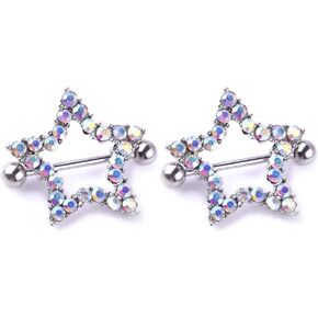 Rhinestone Star Nipple Barbell Rings Colorful Star Shape Nipplerings Nipple Piercing Studs Stainless Steel 14G Nipple Rings Shields Body Piercing Jewelry