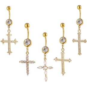 5Pcs CZ Cross Belly Button Rings for Women 14G 316L Stainless Steel Belly Curved Barbell Dangle Belly Navel Rings Body Piercing Jewelry