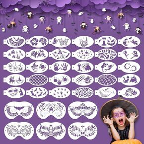 JULMELON 36 Pieces Halloween Face Stencils Kit 6 Pieces Reusable Large Face Paint Stencils 30 Pieces Mermaids Scale Leopard Halloween Tattoo Stencils for Kid Adult Halloween Party