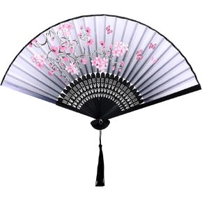 1 Piece Rose Pink Folding Hand Fan, Chinese Vintage Style Handheld Fan with Bamboo Frame Japanese Retro Style Folding Fan with Tassel Photo Props for Decoration Parties
