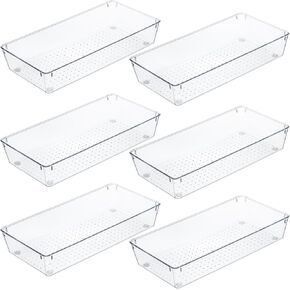 Kingrol 6 Pack 12 x 6 x 2 Inch Clear Drawer Organizer Trays, Desk Drawer Divider Storage Bins, Storage Box Set for Utensils Junks Vanities Makeups Jewelry Office Craft Supplies