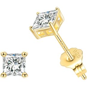Jewlpire 925 Sterling Silver Stud Earrings for Women Men, 14K Plated Gold Stud Earrings for Women, Round/Princess Cut Cubic Zirconia Earrings Studs, Stud Earrings 3mm 4mm 5mm 6mm 7mm