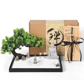 Artcome Japanese Zen Sand Garden for Desk with Rake, White Sand, Black Base, Sitting Meditation Buddha and Mini Furnishing Articles, Office Table Accessories, Mini Zen Sand Garden Kit, Meditation Gift