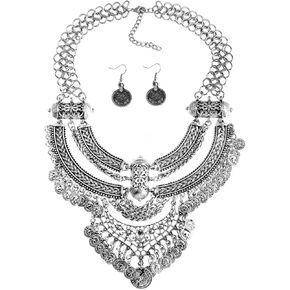 Dcfywl731 Gypsy Jewelry Set Gold Coins Necklace Earrings Bracelet Boho Necklaces Rhinestone Necklace Coins Dangle Earring for Women Coins Bracelet for Girls Ladies Gifts