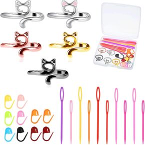Sibba 5 Pcs Crochet Tension Ring with 20 Locking Clips Stitch Markers & Eyelets Sewing Needles Kit Adjustable Braided Open Yarn Guide Knitting Loop Rings Finger Holders with Box for Crochet Projects