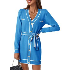 Saodimallsu Womens Long Sleeve Sweater Dress Button Down V Neck Casual Knit Preppy Mini Dresses Cardigan with Belt
