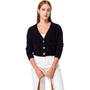 Simple&Opulence Women's Long Sleeve Cashmere Cardigan V Neck Open Front Button Cable Knit Crop Cardigan Sweater with Pocket