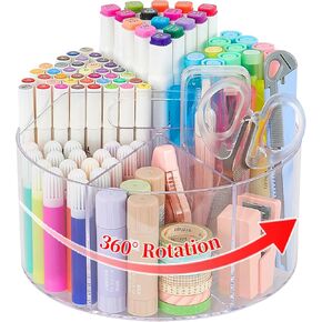 AUPSEN Acrylic Pencil Holder for Desk, Large 360-Degree Clear Rotate Pen Organizer with 6 Compartments, Crayon Organizers for Kids Marker Caddy, Art Supply Kids Desk Organizer for Office Home School