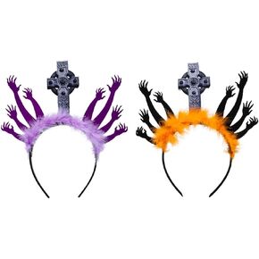ANIUHL 2 Pcs Halloween Zombie Hand Headband Ghost Tombstone Hairband Furry Hair Hoop Headpiece for Cosplay Makeup Party Photo Props