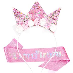 5th Birthday Decorations for Girls, Birthday Girl Headband & Glitter Sash Set for 5 Year Old Girl Birthday Decorations, Birthday Flower Princess Crown Headband for Happy 5th Birthday Girl Outfit