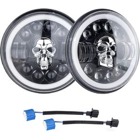 7 Inch LED Headlights for for Jeep JK JKU TJ LJ Niva Chevy Offroad Ford GMC Dodge Mazda, SKull Style, 2 Pcs