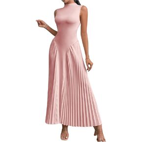 SOLY HUX Women's Maxi Dress Sleeveless Pleated A Line Mock Neck Flowy Long Dresses
