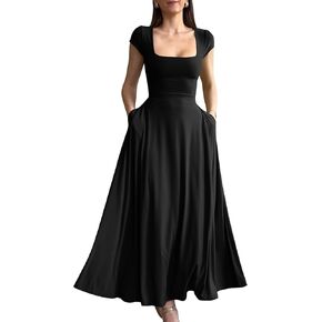 YMDUCH Women's Casual Short Sleeve Square Neck Solid Slim Flowy Maxi Dress with Pockets