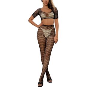 Venomancer Sexy Lingerie Set For Women Fishnet Crop Top with Mesh Tights 2 Pieces Bodysuit + Stockings Set Glow Rave Outfits