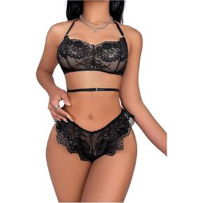 Women's 2 Piece Lingerie Set Halter Neck Backless Wireless Floral Lace Bra and Panty Set Nightwear