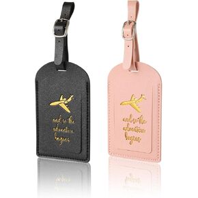 2pcs PU Leather Luggage Tags, Travel Baggage Tag with Adjustable Strap & Privacy Protection Cover Suitcase Tags Bag Tags ID Tags Luggage Address Tags for Women Men (Black, Pink)